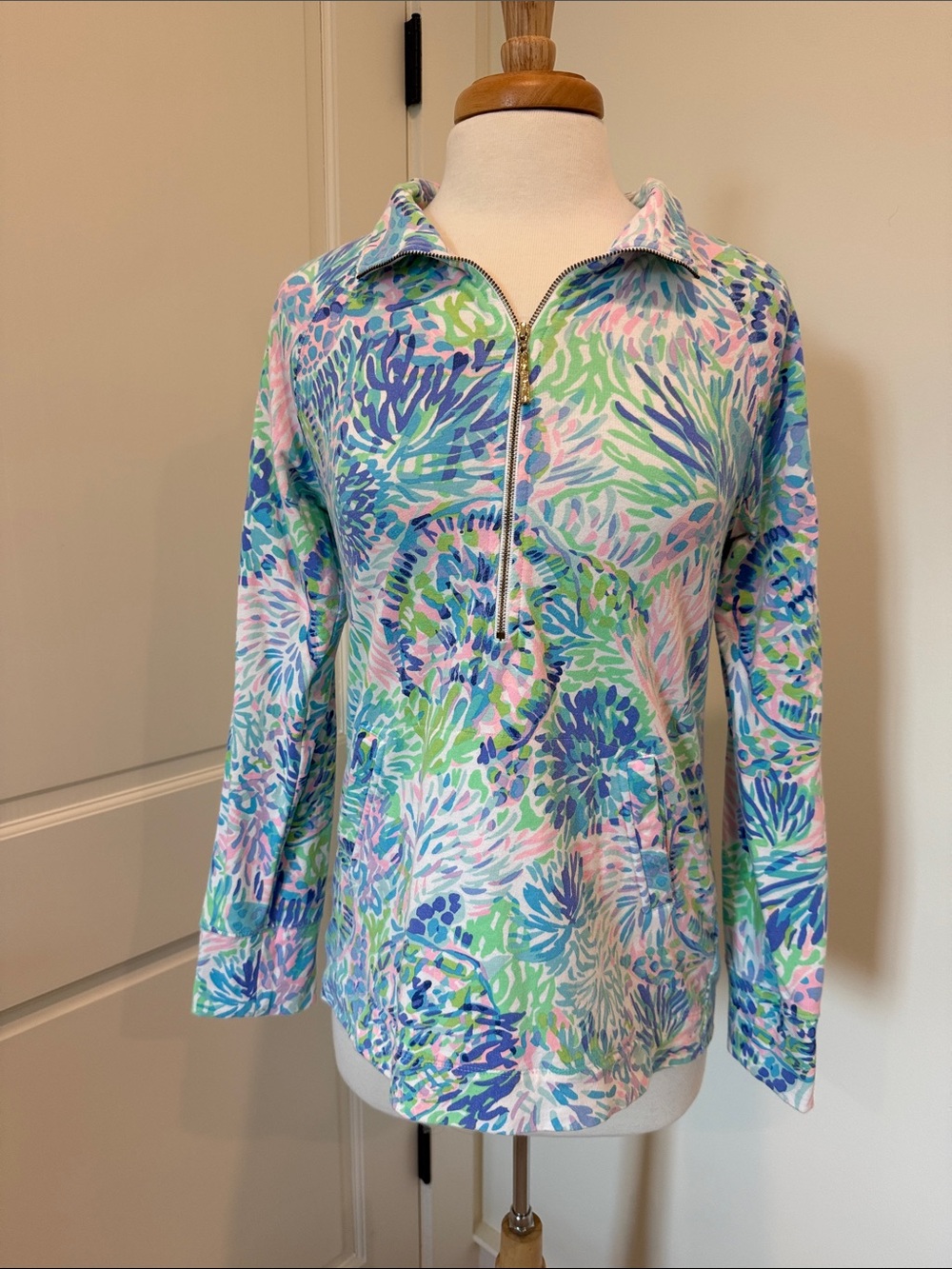 Lilly Pulitzer Pastel Floral Zip-Front Pullover — Blue, Green, Pink